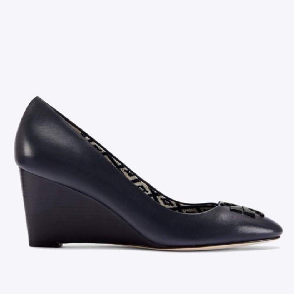 Tory Burch Raleigh Navy Blue Leather Round Toe Wedge Heels Size 9.5
